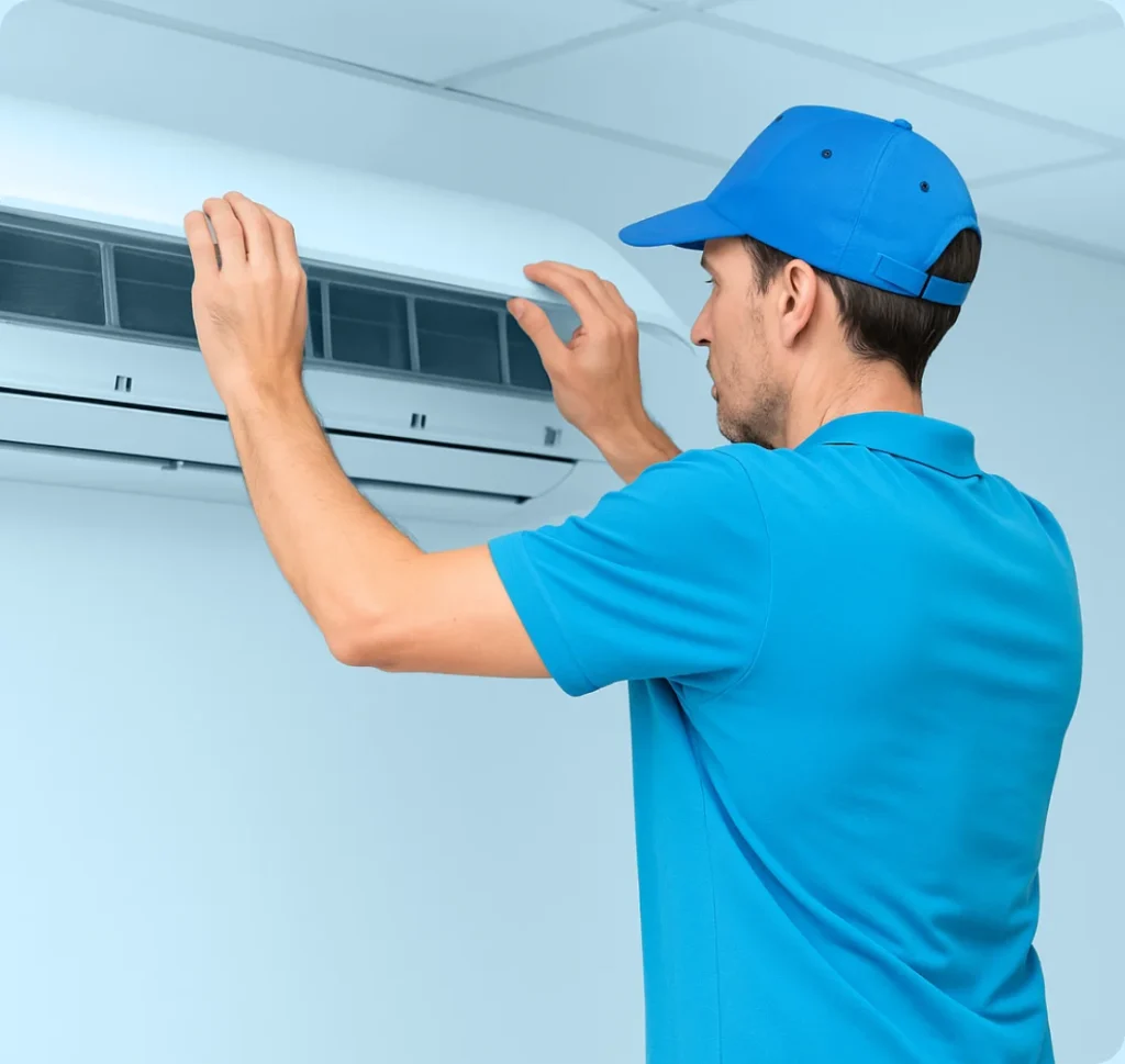 Facility manager reviewing HVAC inspection and air quality compliance documents beside a rooftop air handling unit in Dubai – ECO FRESH AIR Dubai