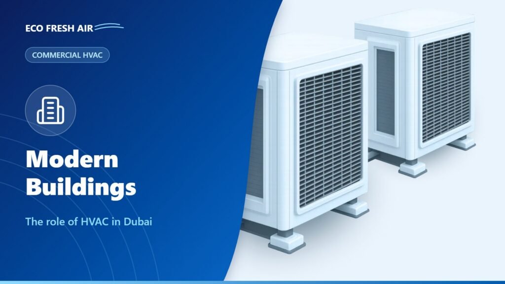 Modern Dubai high-rise towers with rooftop HVAC equipment against a clear sky
