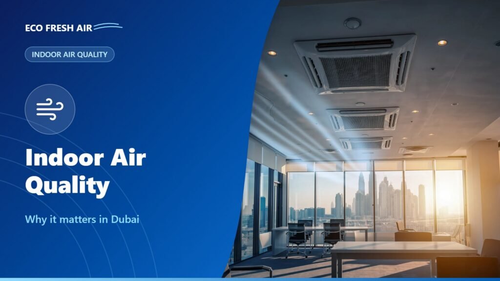 Clean air conditioning vent and air purifier in a bright Dubai apartment overlooking the city skyline